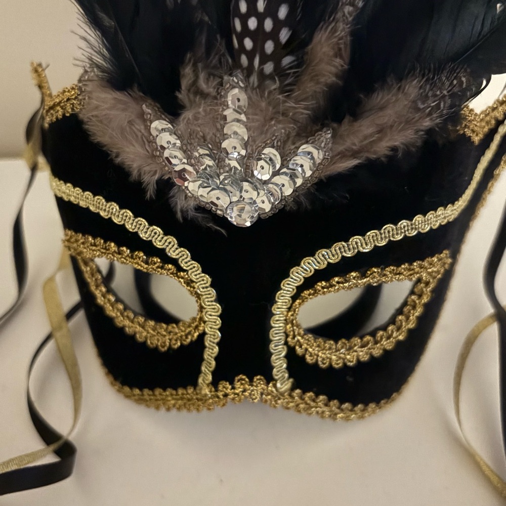 Masquerade Mask Gold and Silver with Feathers